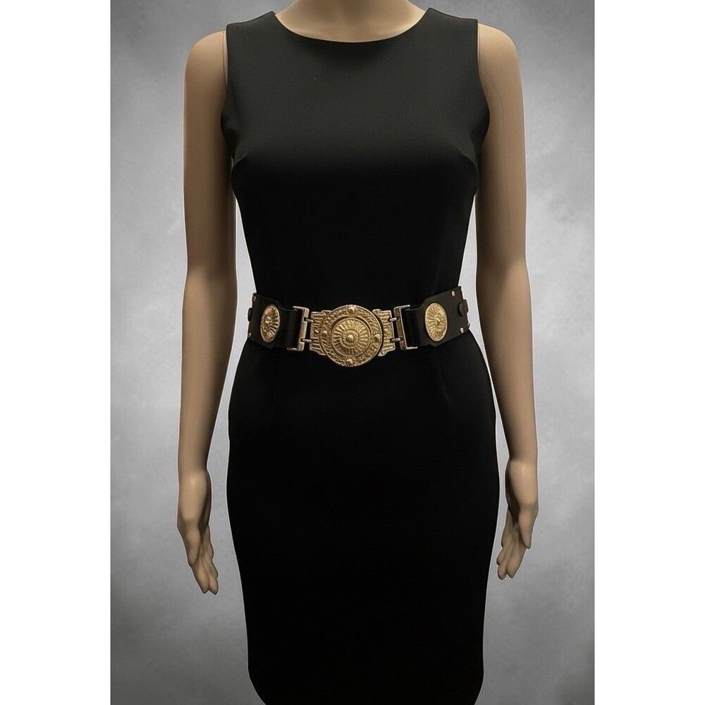 VTG 90’s Donna Katz Genuine Bonded Leather Belt Womens Black Gold Luxury Small